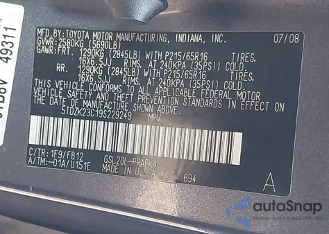 2009 Toyota Sienna Ce z USA, uszkodzony, nr VIN 5TDZK23C19S229249